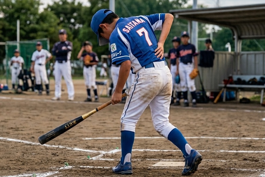 野球バットをスイングして腰を痛める少年