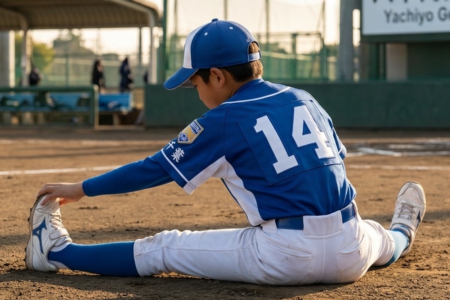股関節のストレッチをする野球少年