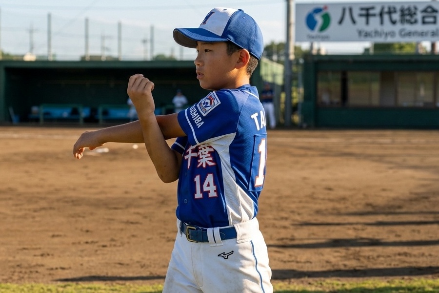 肩のストレッチをする野球少年